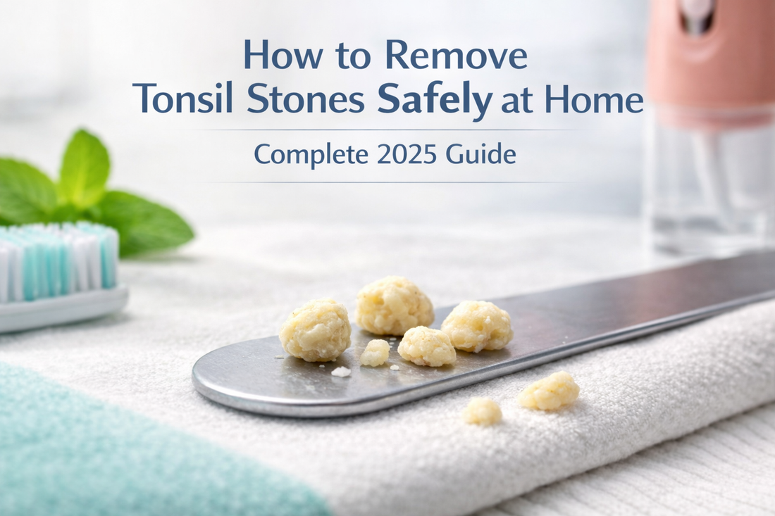 Close-up of tonsil stones on a tongue depressor, illustrating safe at-home tonsil stone removal