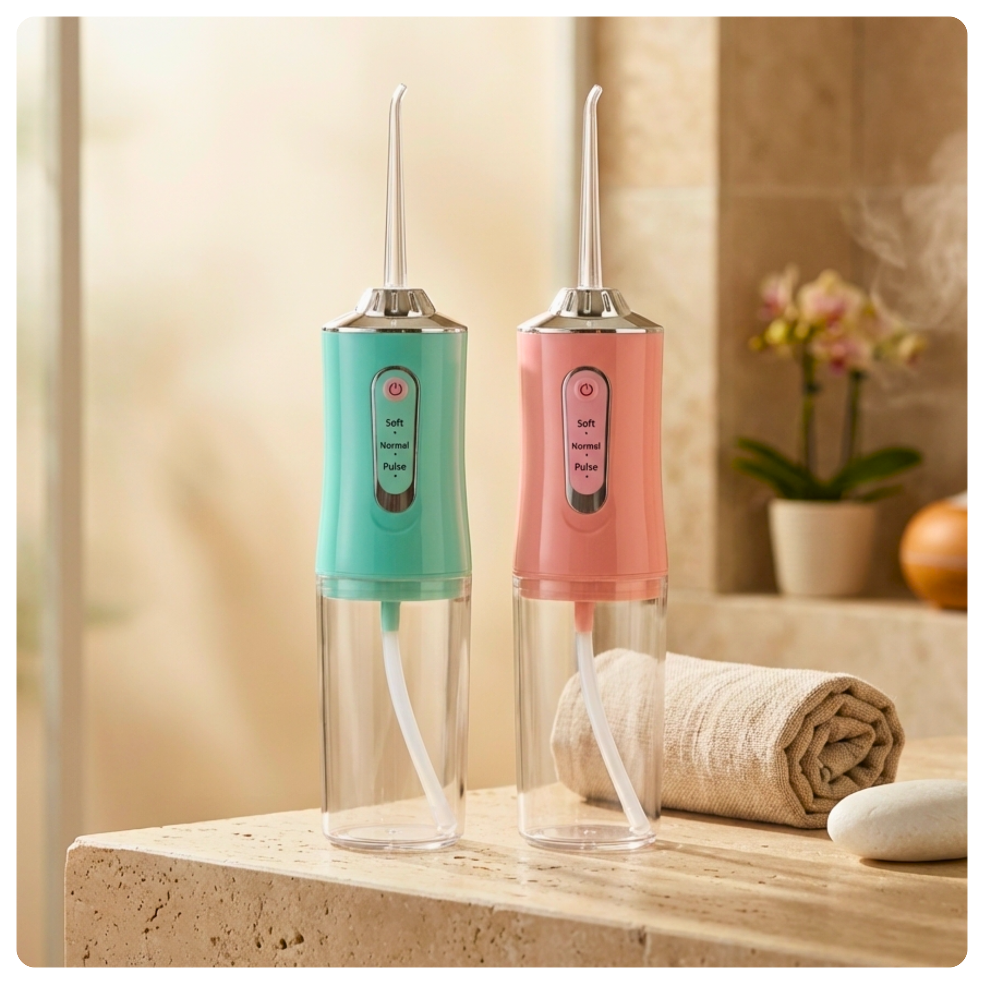 One green and one pink Avelora Pro water flossers side by side in a modern stone bathroom