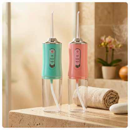 One green and one pink Avelora Pro water flossers side by side in a modern stone bathroom