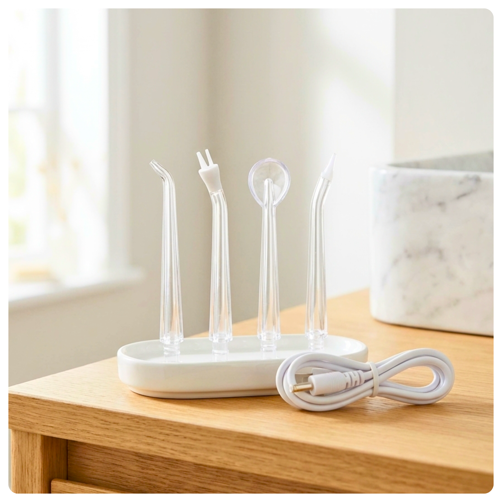 Four specialised water flossing tips and USB charging cable from the Avelora Pro water flosser