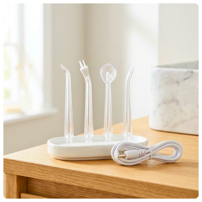 Four specialised water flossing tips and USB charging cable from the Avelora Pro water flosser