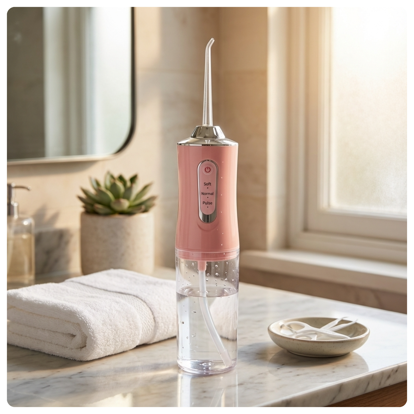 colour:pink Pink Avelora Pro water flosser on a marble surface in a modern bathroom