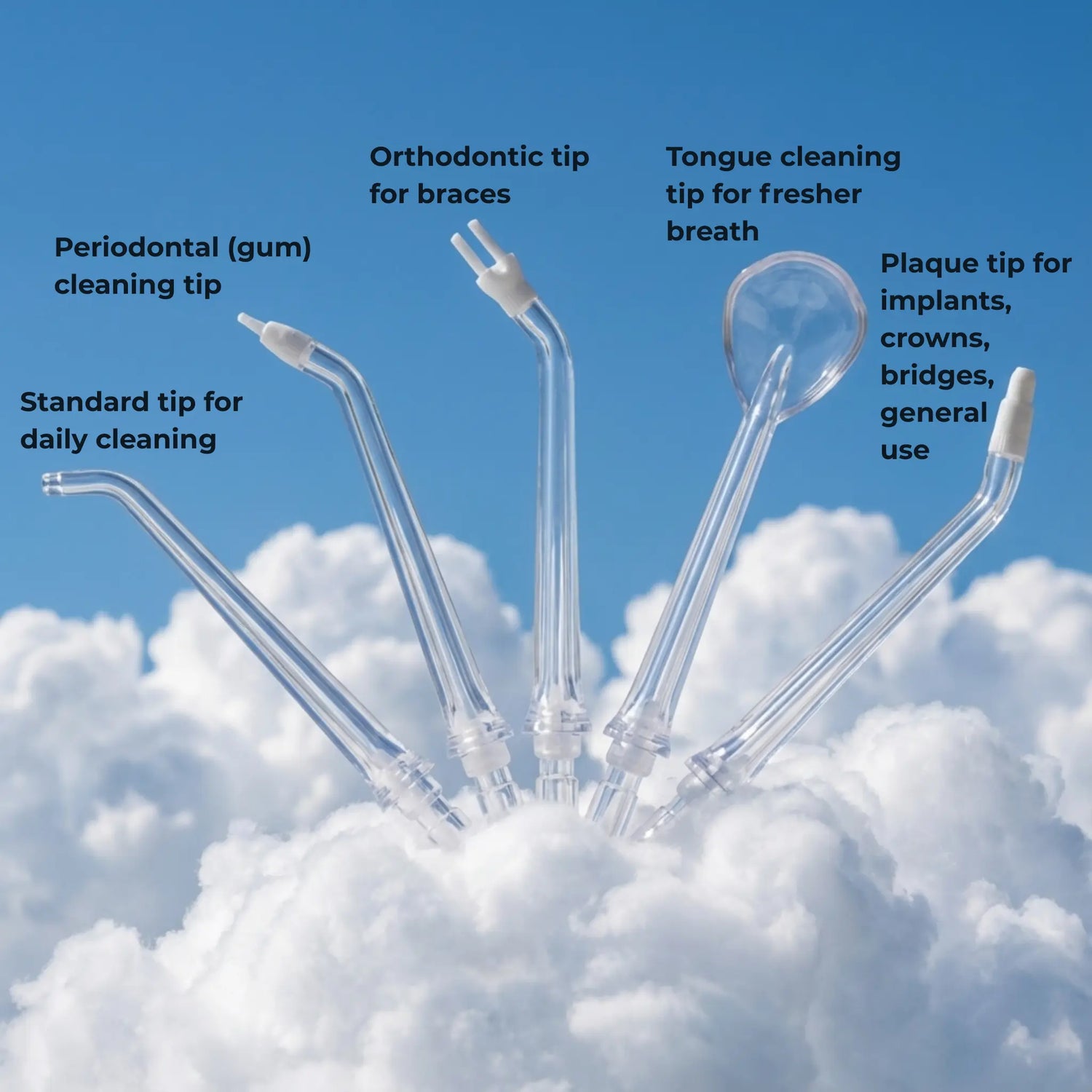 5 specialised tips from the Avelora Apex water flosser on a blue sky and cloud background.