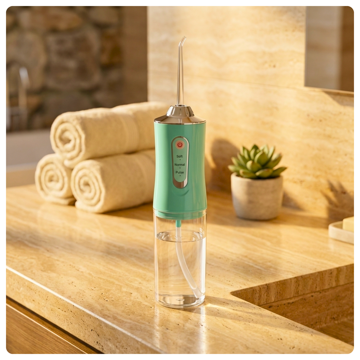 colour:green Green Avelora Pro water flosser half filled with water in a modern stone bathroom