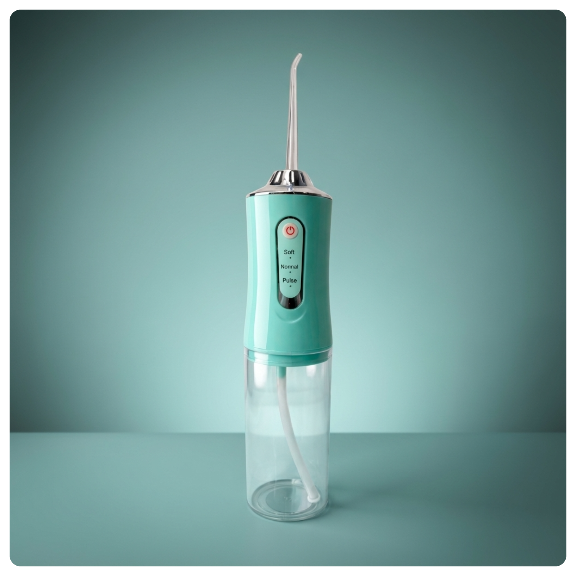 colour:green Green Avelora Pro water flosser on a teal background