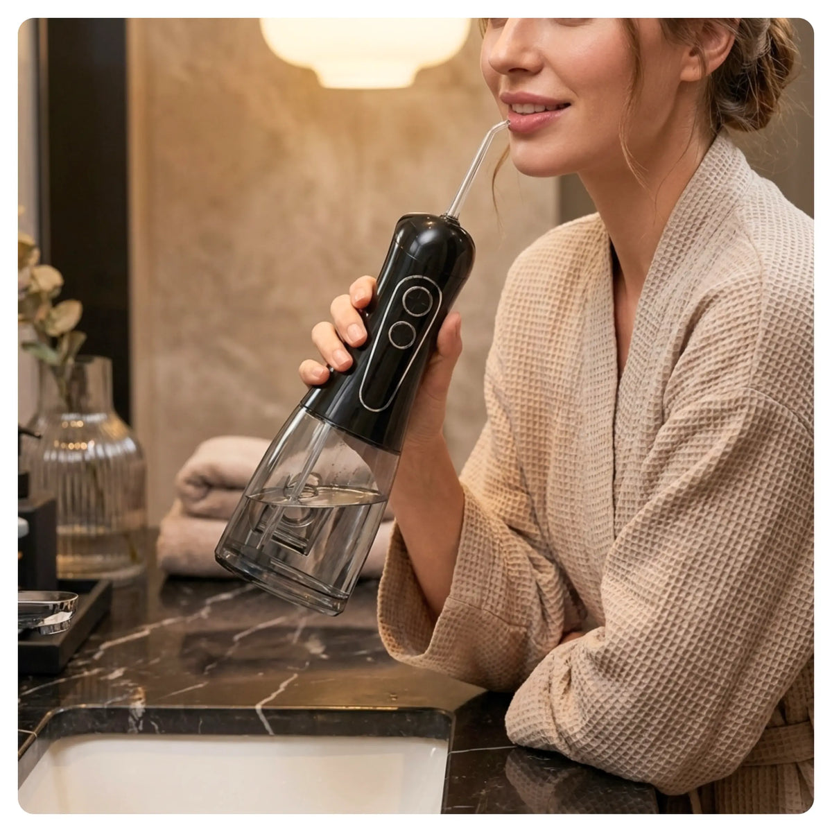 Female model using a black Avelora Apex water flosser while leaning over a marble sink.