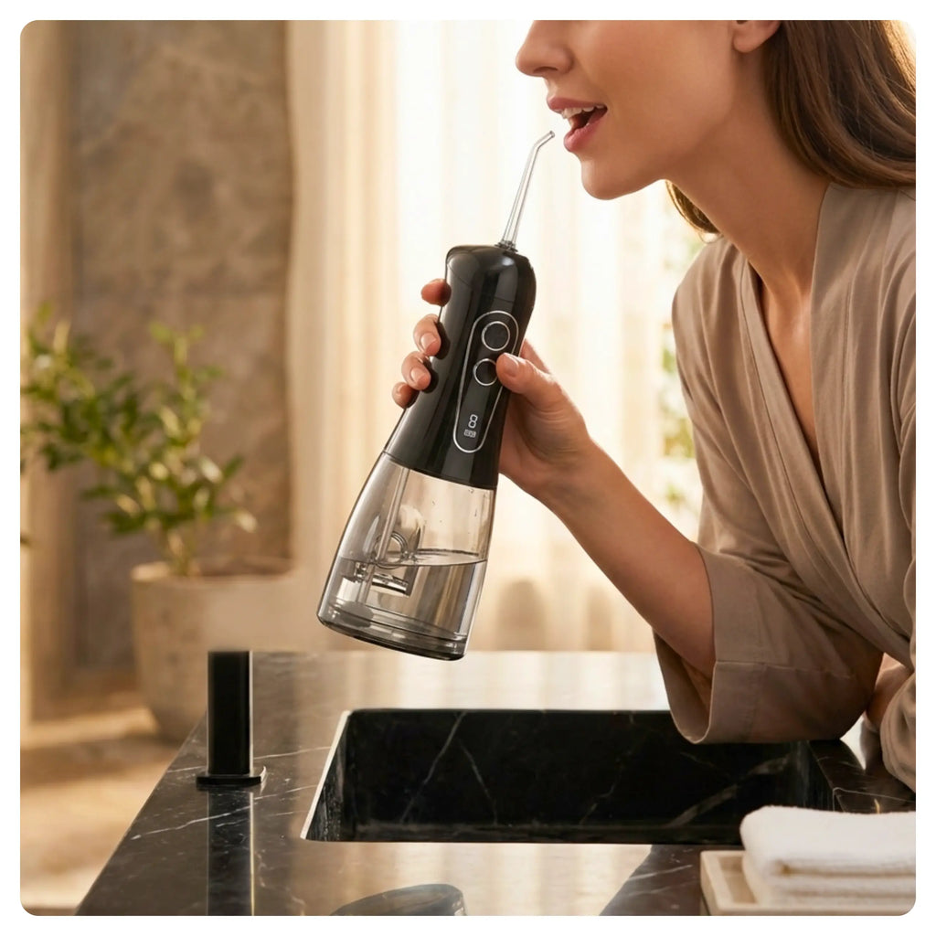 Woman using a black Avelora Apex water flosser while leaning over a marble sink.