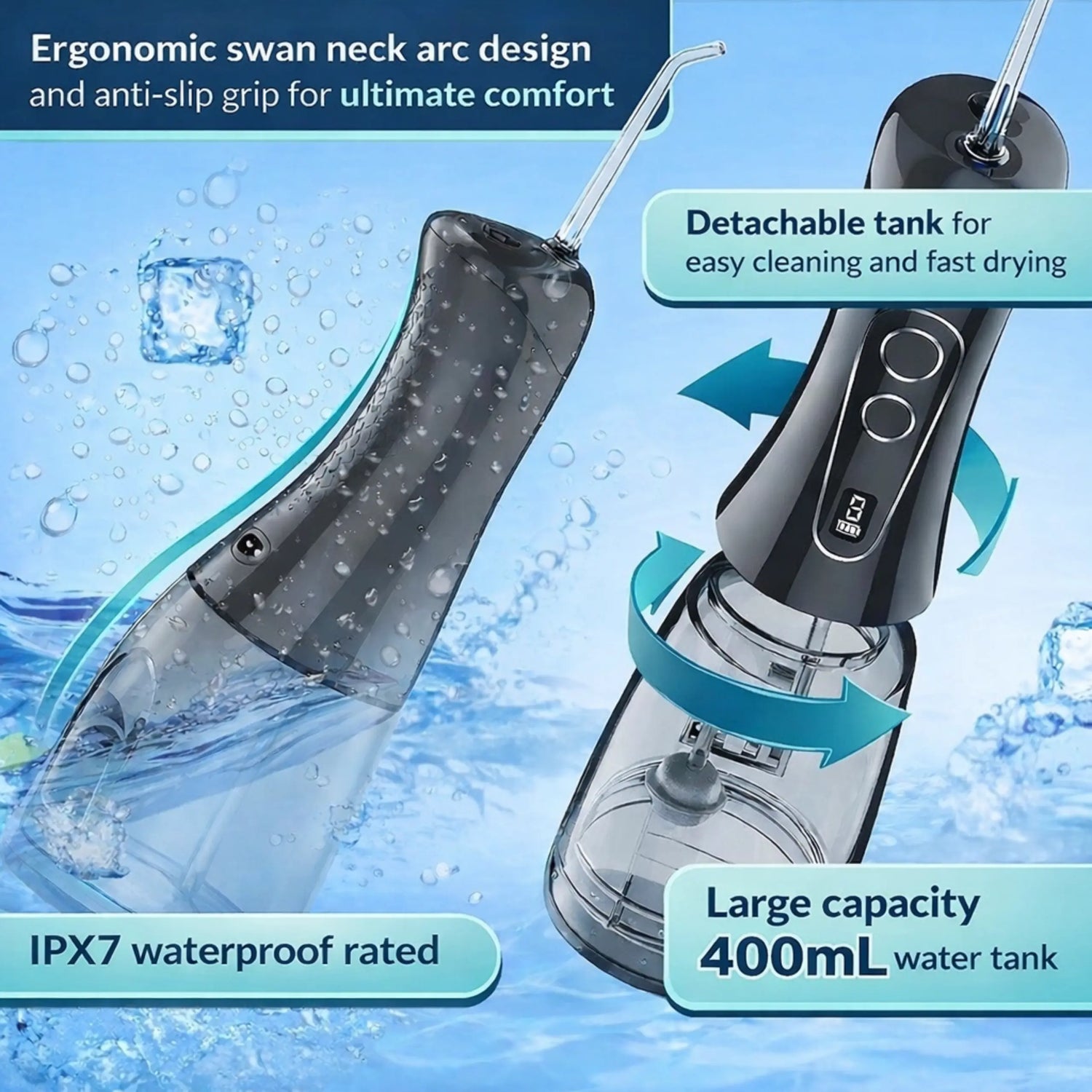 Avelora Apex water flosser image showing its detachable tank, ergonomic swan neck arc design and anti-slip grip as well as IPX7 rating and 400ml tank.