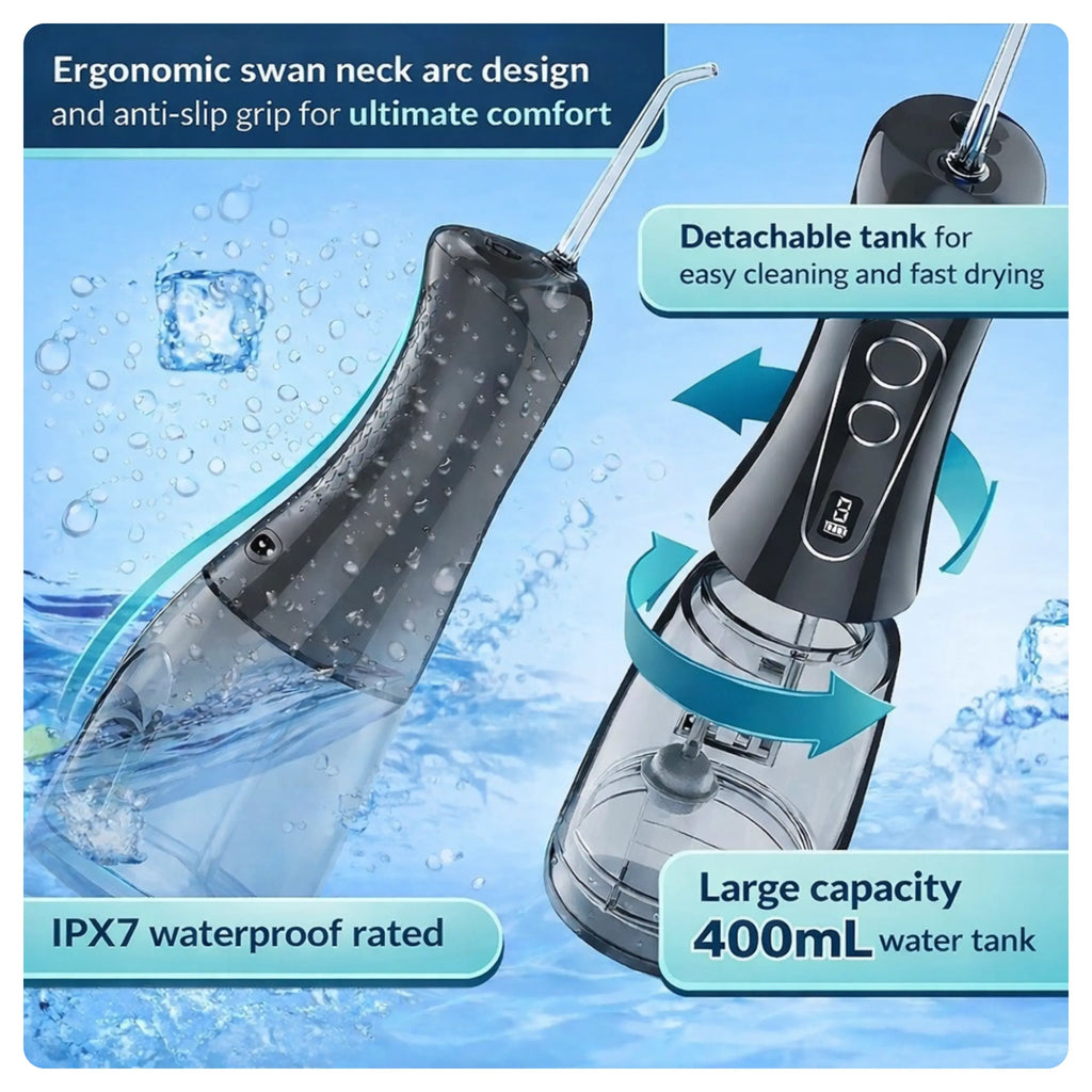 Avelora Apex water flosser image showing its detachable tank, ergonomic swan neck arc design and anti-slip grip as well as IPX7 rating and 400ml tank.