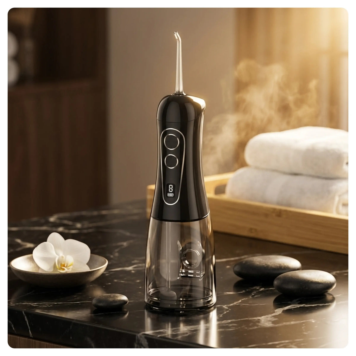 Black Avelora Apex water flosser side profile in a modern bathroom on a black marble surface.