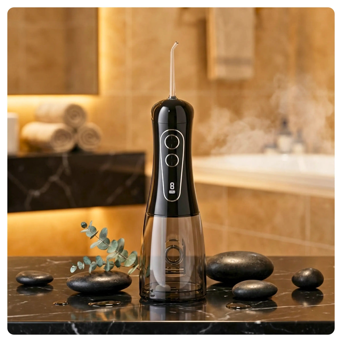 Black Avelora Apex water flosser in a modern bathroom on a black marble surface.
