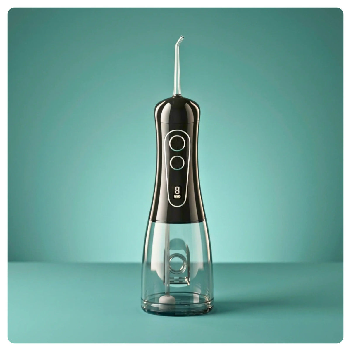 Black Avelora Apex water flosser front profile on a teal background with studio lighting.