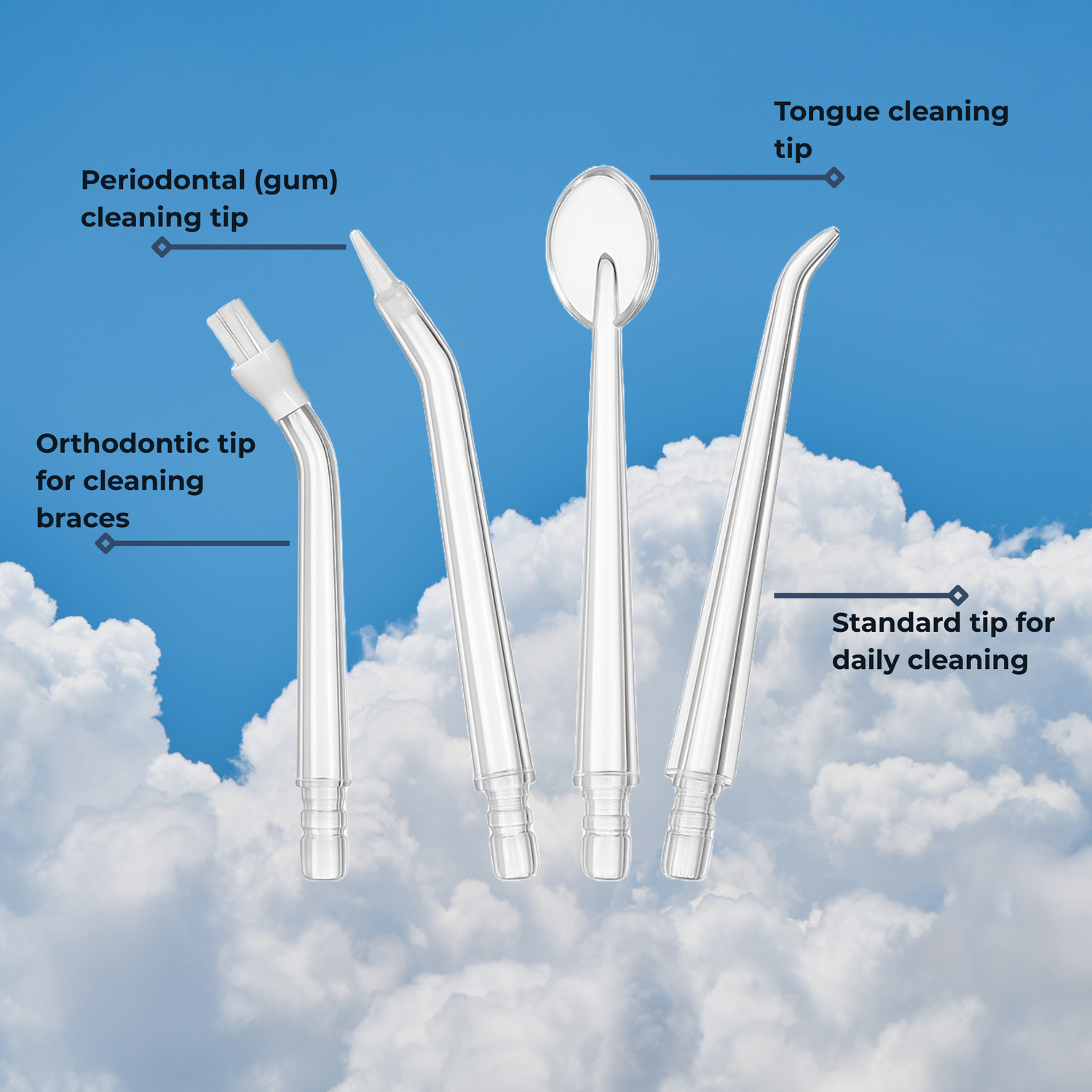 Four water flosser cleaning tips shown on a cloud background: orthodontic tip for braces, periodontal gum-cleaning tip, tongue cleaning tip, and standard daily-cleaning tip