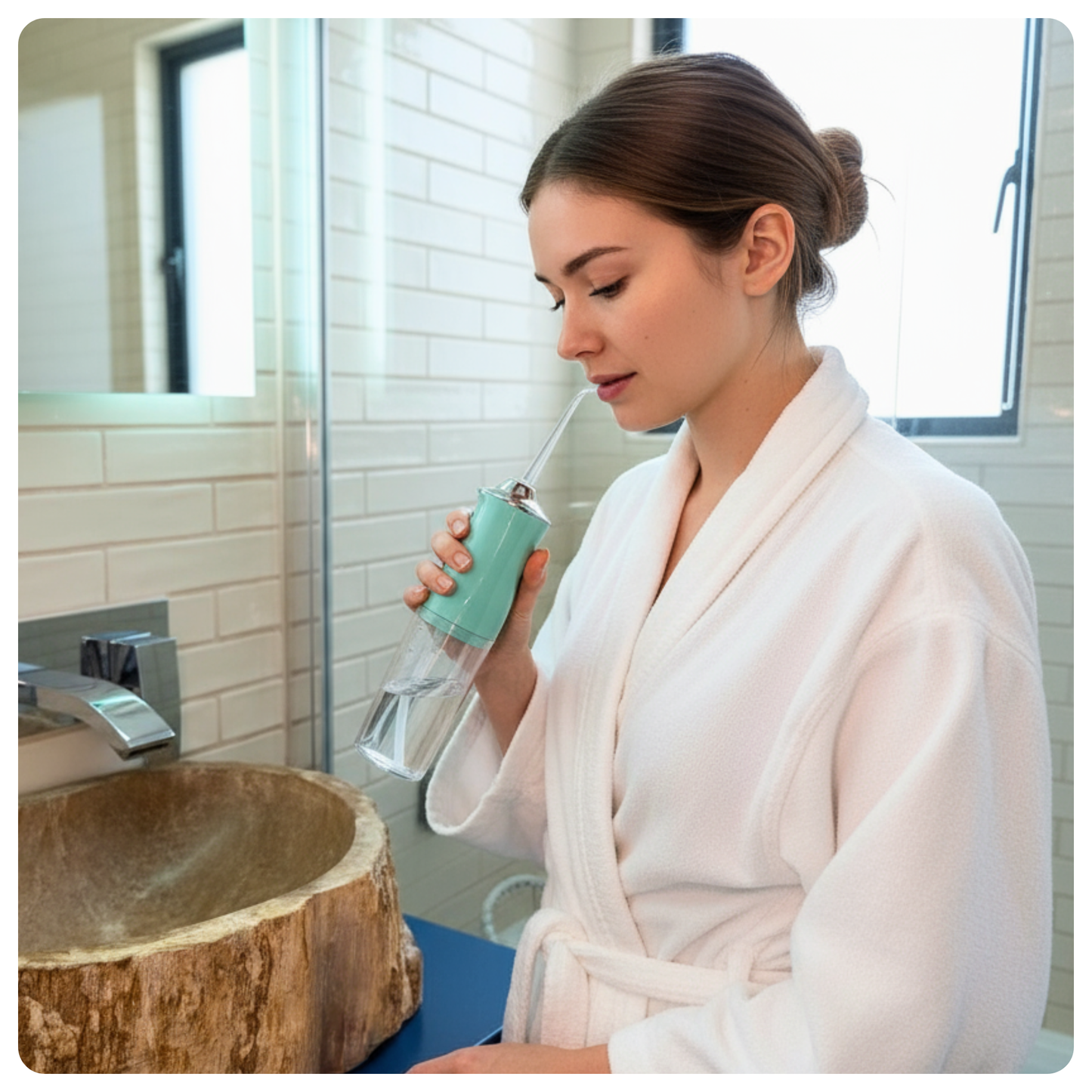 colour:green Woman using green Avelora Pro water flosser in bathroom setting