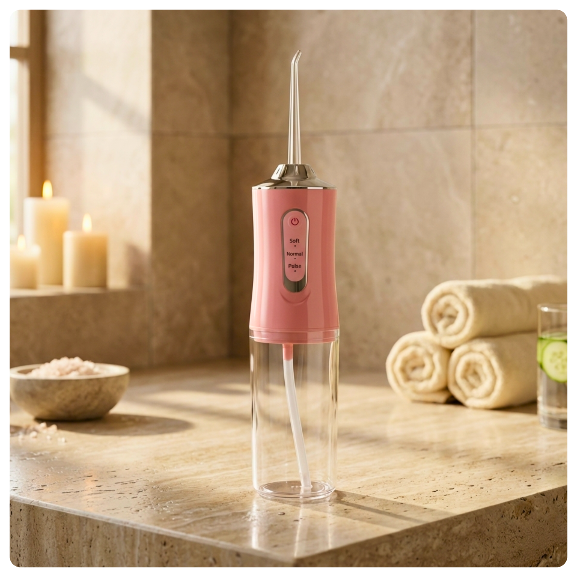 colour:pink Pink Avelora Pro water flosser in a modern stone bathroom with candles