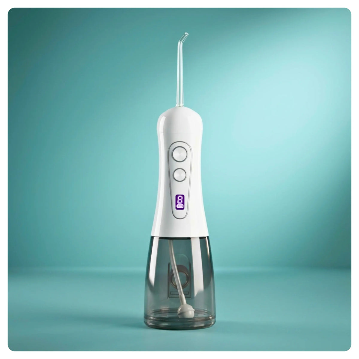 White Avelora Apex water flosser front profile on a teal background with studio lighting.