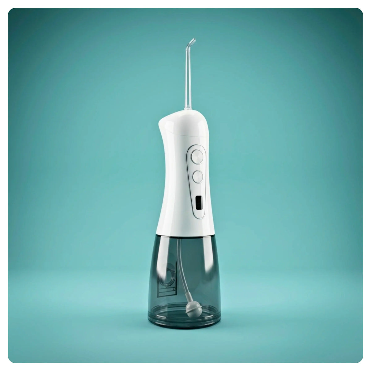 White Avelora Apex water flosser side profile on a teal background with studio lighting.