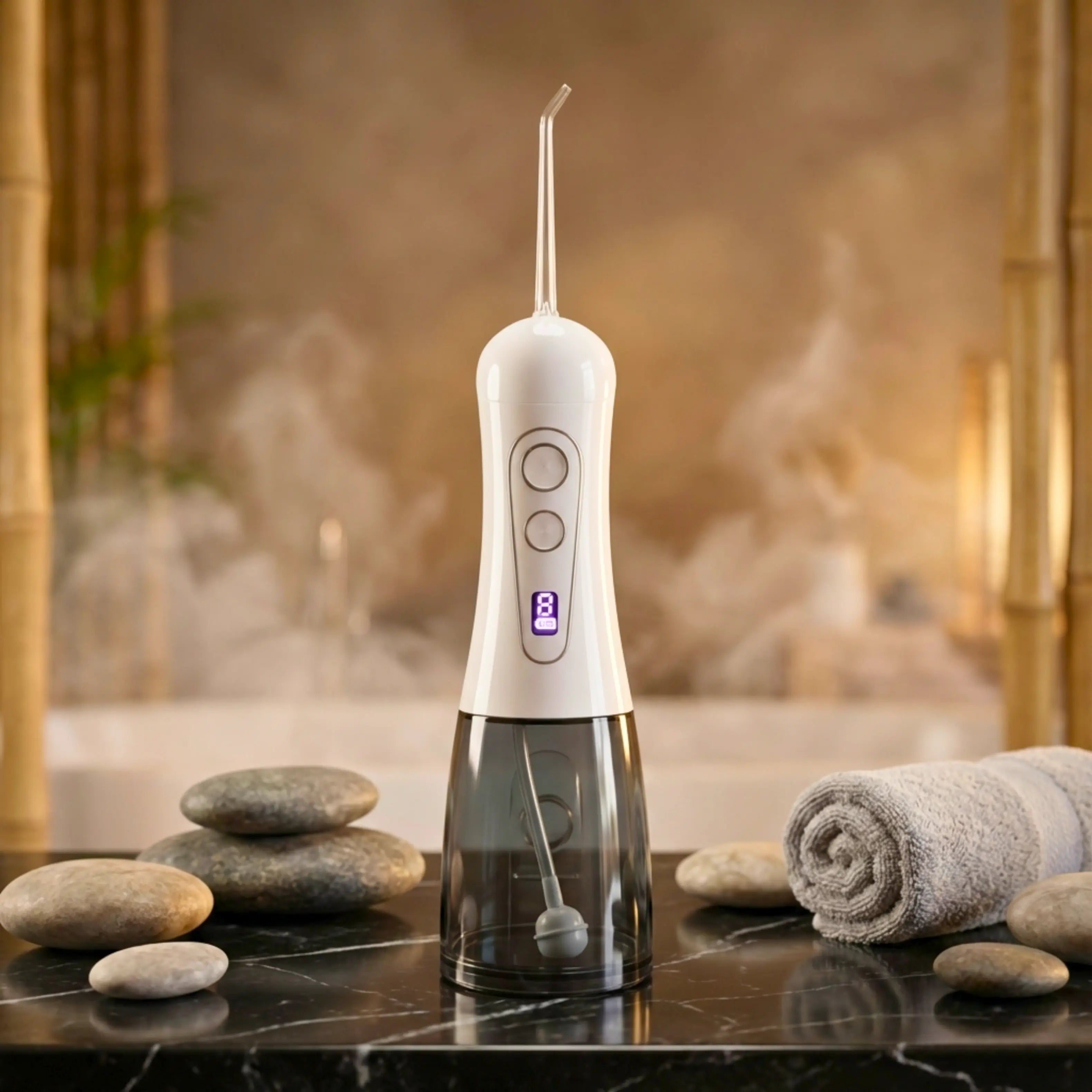 White Avelora Apex water flosser in a modern bathroom on a white marble surface.