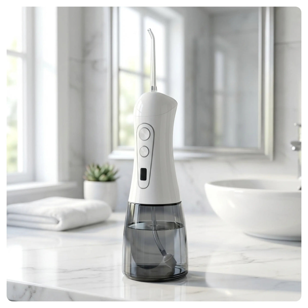 White Avelora Apex water flosser side profile in a modern bathroom on a white marble sink.