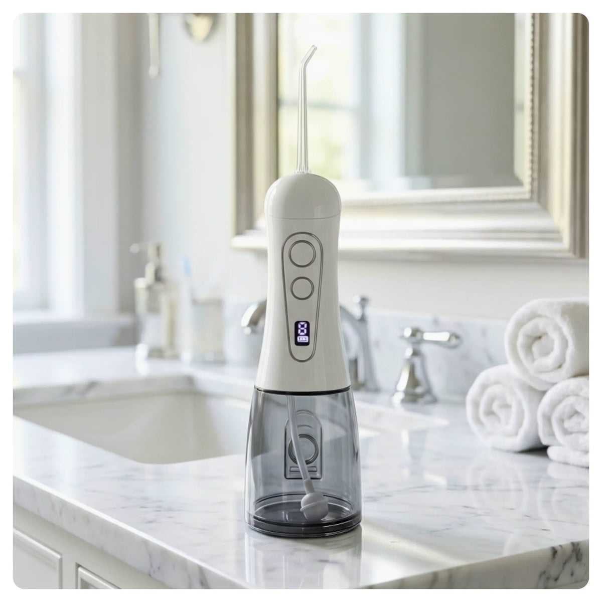 White Avelora Apex water flosser front profile in a modern bathroom on a white marble sink.