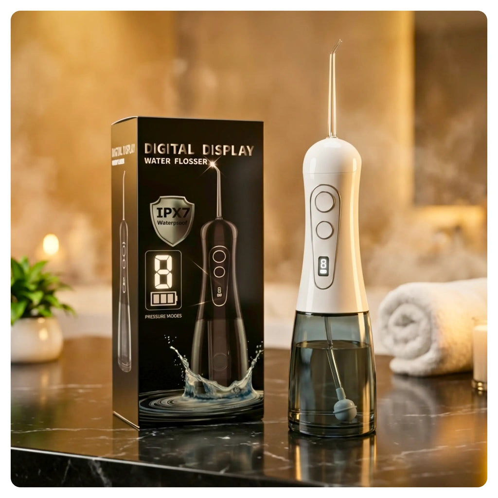 White Avelora Apex water flosser next to its box in a modern bathroom setting.