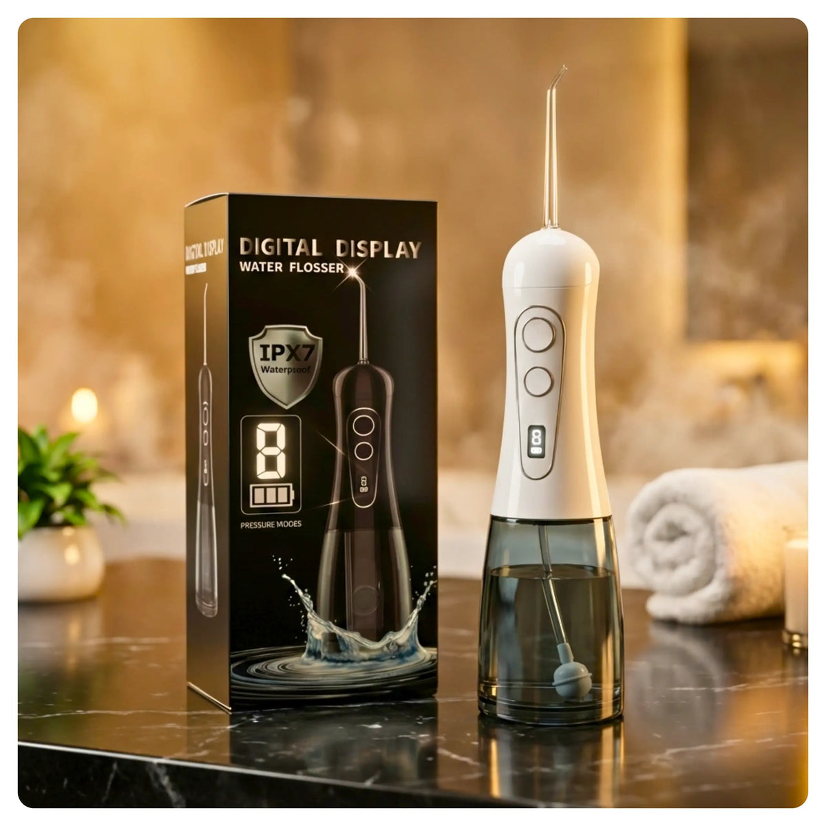White Avelora Apex water flosser next to its box in a modern bathroom setting.